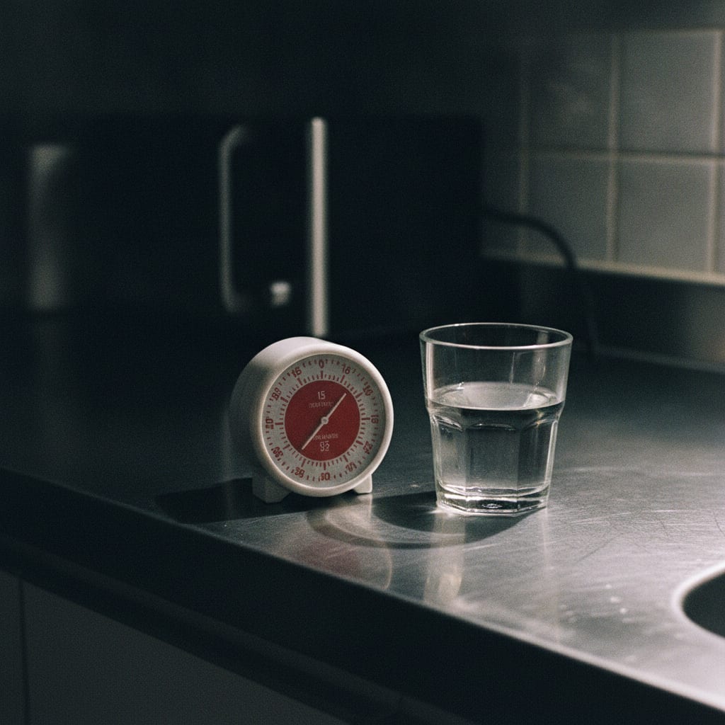 A white mechanical kitchen timer and a half-full glass of water on a brushed stainless steel counter at night, direct on
