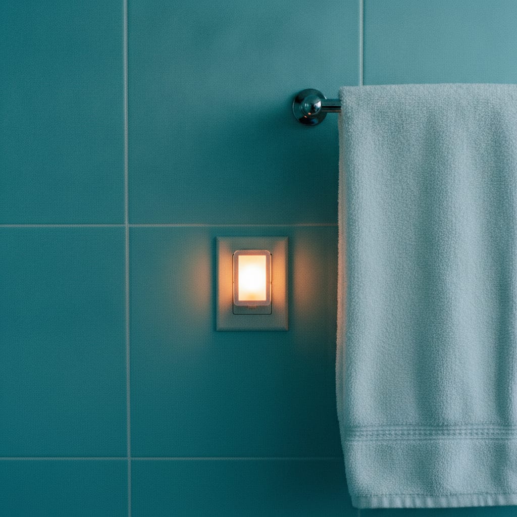 A small plug-in nightlight glowing amber in a wall socket above pale blue bathroom tiles at night, a folded hand towel o