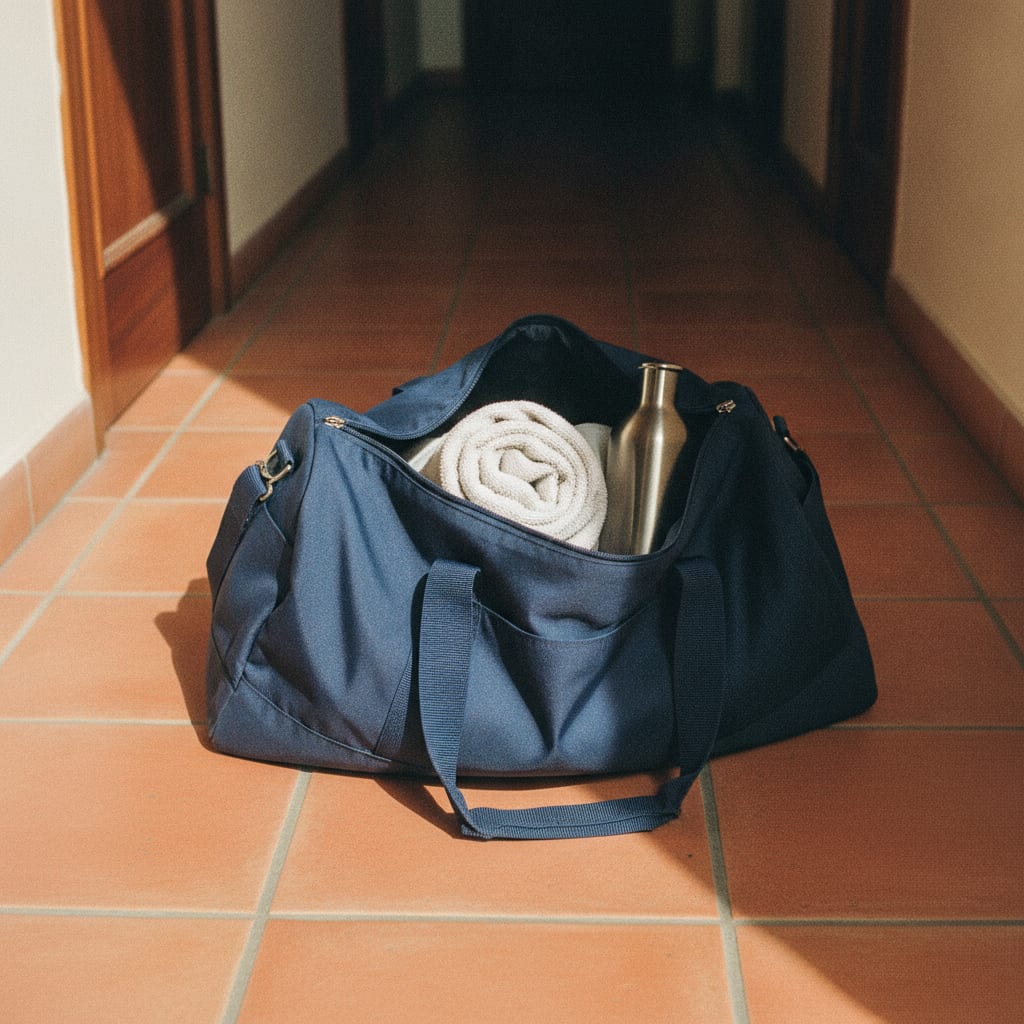 An unzipped navy gym duffel bag with a rolled white towel and a steel water bottle on a terracotta-tiled hallway floor,