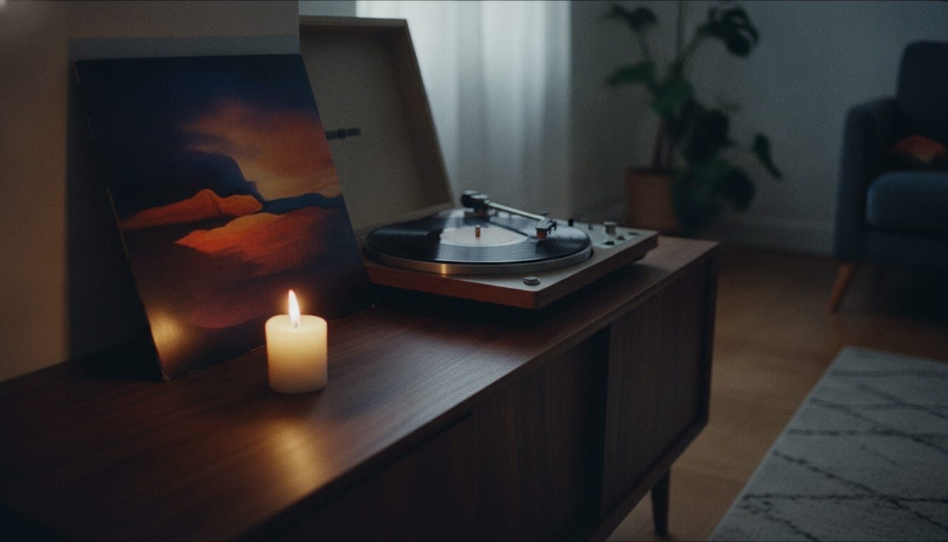 A turntable with a vinyl record playing and its sleeve leaning against it on a low walnut sideboard beside a small lit c