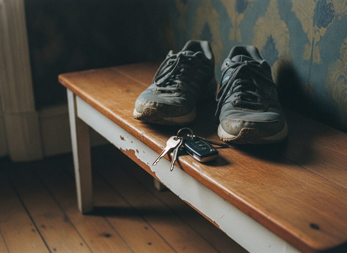 A pair of worn grey running shoes and a set of car keys resting on a narrow wooden hallway bench at night, lit by direct
